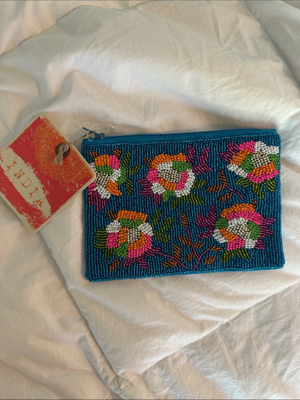 Made in India - Beaded Floral Zip Pouch - Teal